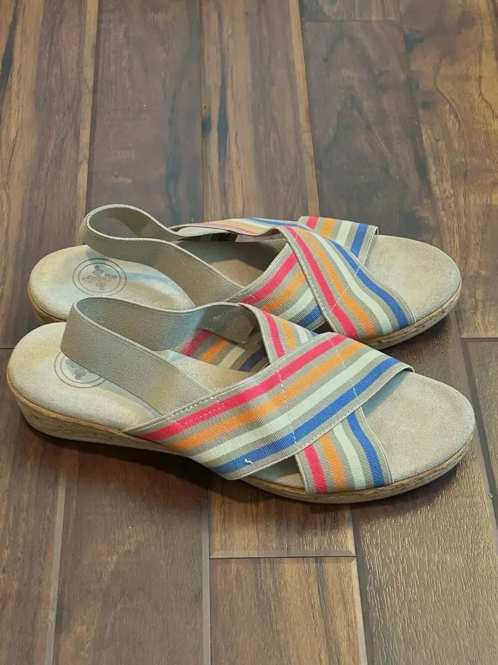 Charleston Shoe Co. Atlantic Stripe Elastic Cross-Strap Wedge Sandals Resort